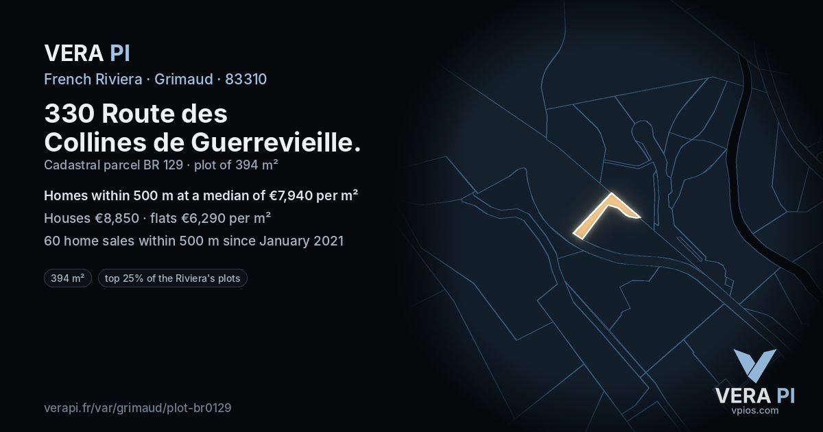 330 Route des Collines de Guerrevieille, Grimaud at night – the plot lit, the parcels around coloured by the prices near them