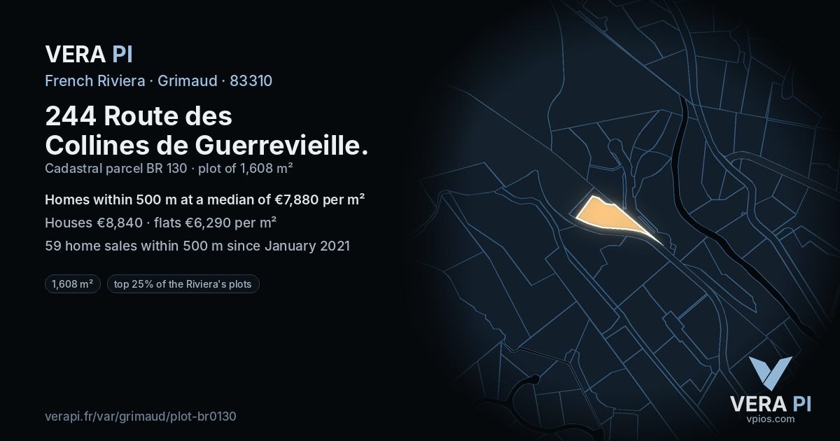 244 Route des Collines de Guerrevieille, Grimaud at night – the plot lit, the parcels around coloured by the prices near them