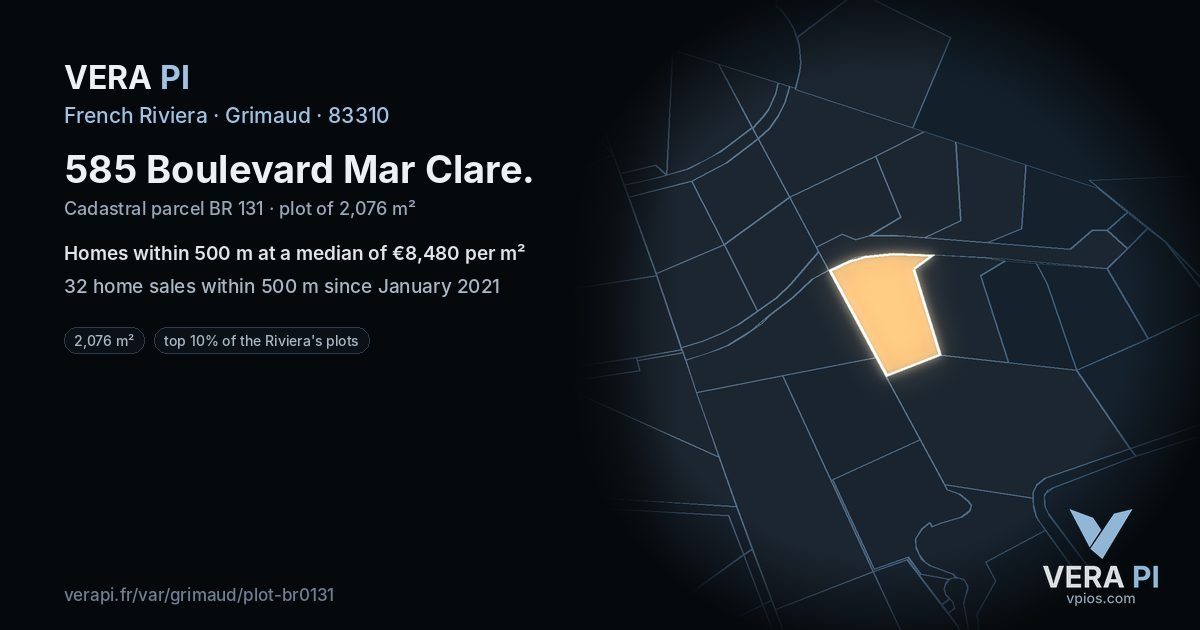 585 Boulevard Mar Clare, Grimaud at night – the plot lit, the parcels around coloured by the prices near them