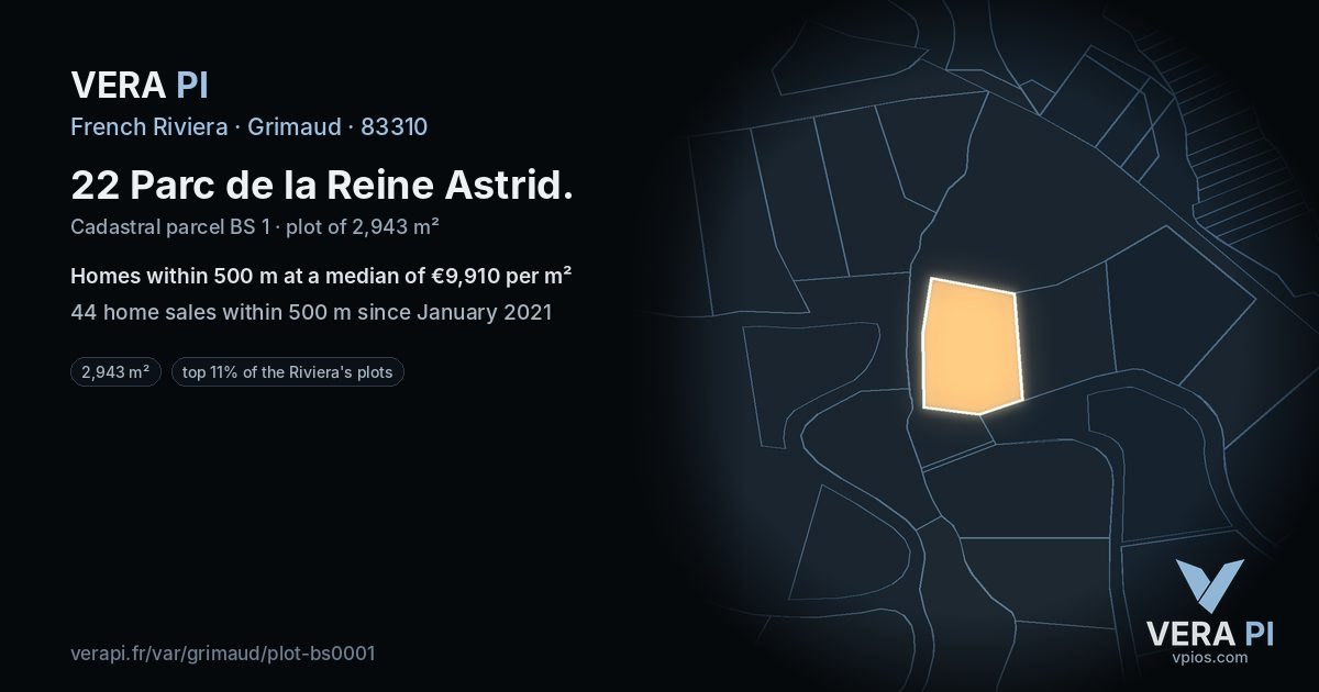 22 Parc de la Reine Astrid, Grimaud at night – the plot lit, the parcels around coloured by the prices near them