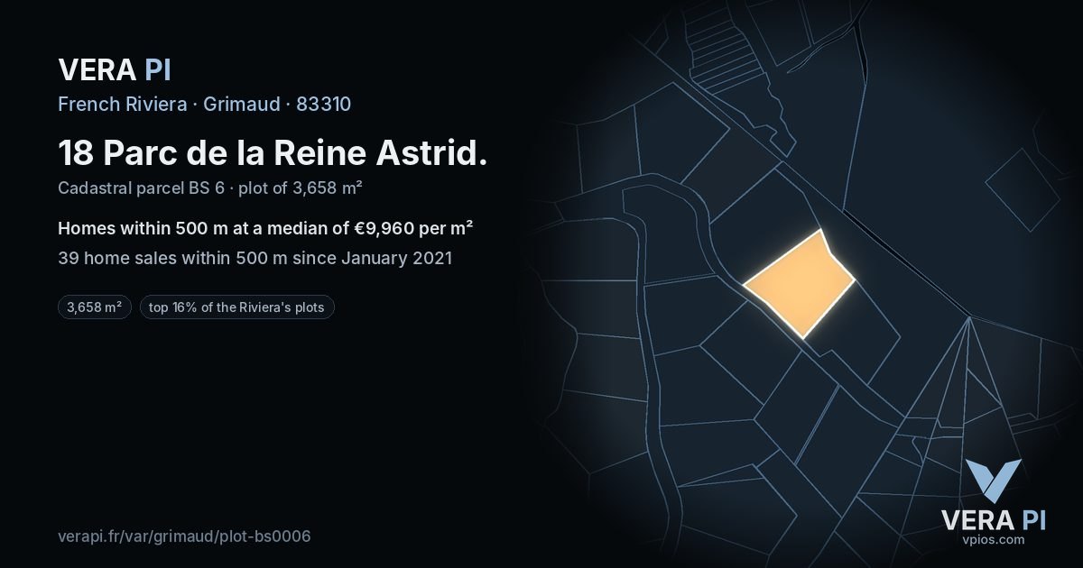18 Parc de la Reine Astrid, Grimaud at night – the plot lit, the parcels around coloured by the prices near them