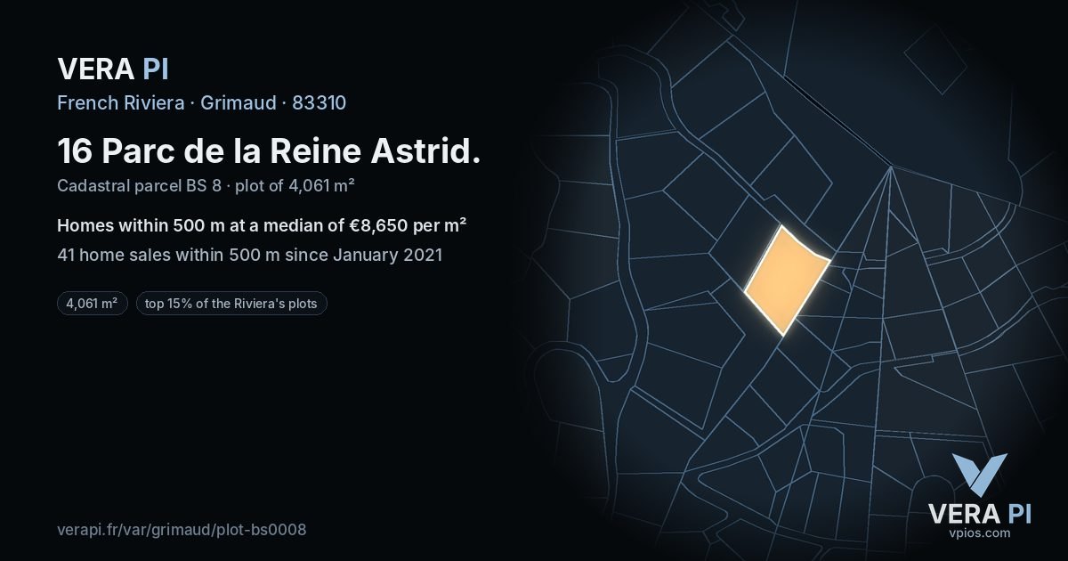 16 Parc de la Reine Astrid, Grimaud at night – the plot lit, the parcels around coloured by the prices near them