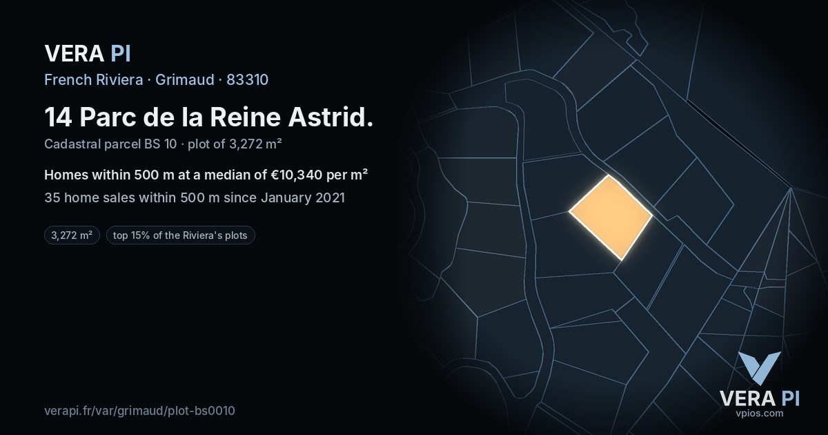 14 Parc de la Reine Astrid, Grimaud at night – the plot lit, the parcels around coloured by the prices near them