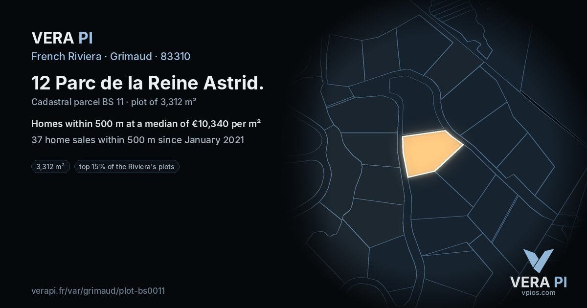 12 Parc de la Reine Astrid, Grimaud at night – the plot lit, the parcels around coloured by the prices near them