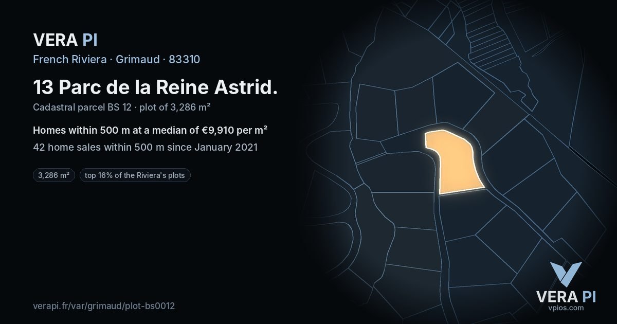 13 Parc de la Reine Astrid, Grimaud at night – the plot lit, the parcels around coloured by the prices near them