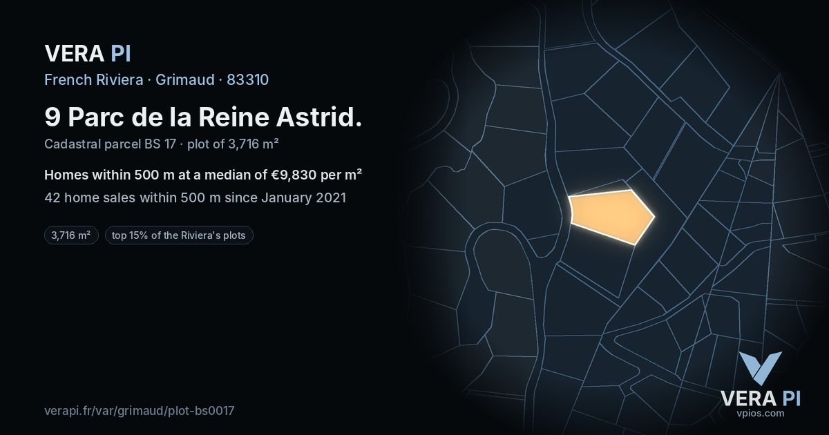 9 Parc de la Reine Astrid, Grimaud at night – the plot lit, the parcels around coloured by the prices near them