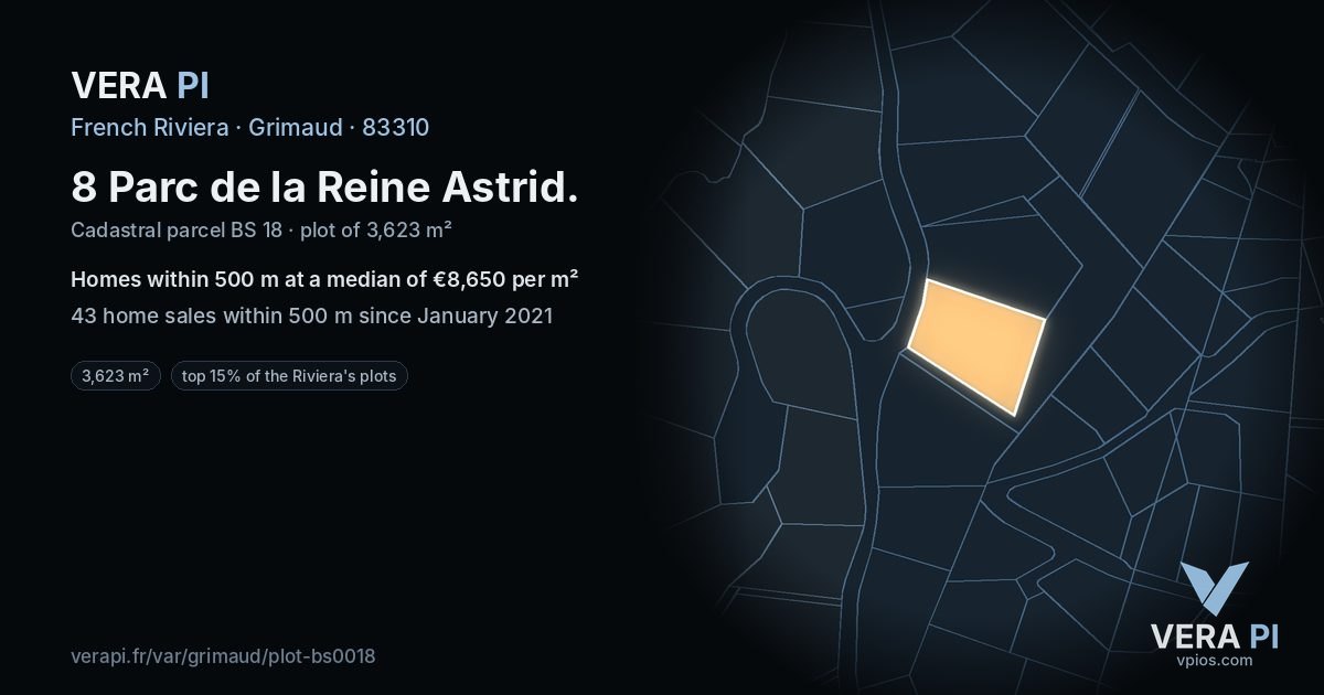 8 Parc de la Reine Astrid, Grimaud at night – the plot lit, the parcels around coloured by the prices near them