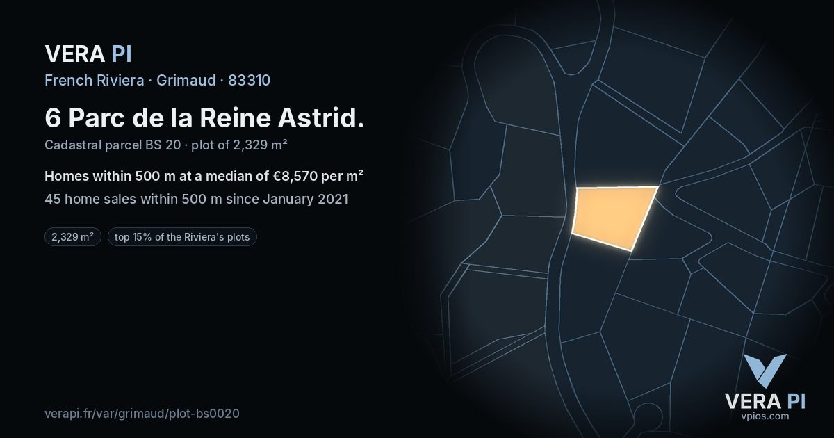 6 Parc de la Reine Astrid, Grimaud at night – the plot lit, the parcels around coloured by the prices near them
