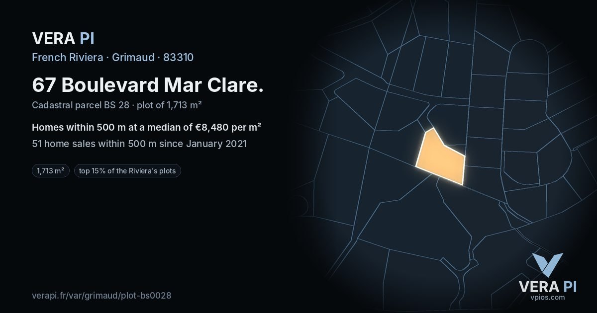 67 Boulevard Mar Clare, Grimaud at night – the plot lit, the parcels around coloured by the prices near them