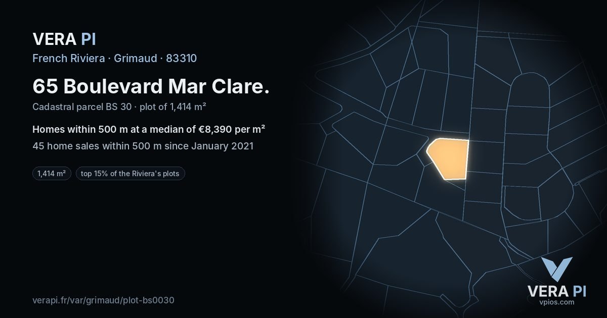 65 Boulevard Mar Clare, Grimaud at night – the plot lit, the parcels around coloured by the prices near them