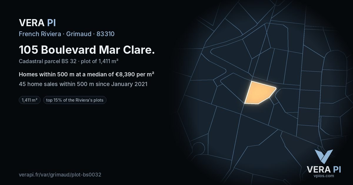 105 Boulevard Mar Clare, Grimaud at night – the plot lit, the parcels around coloured by the prices near them
