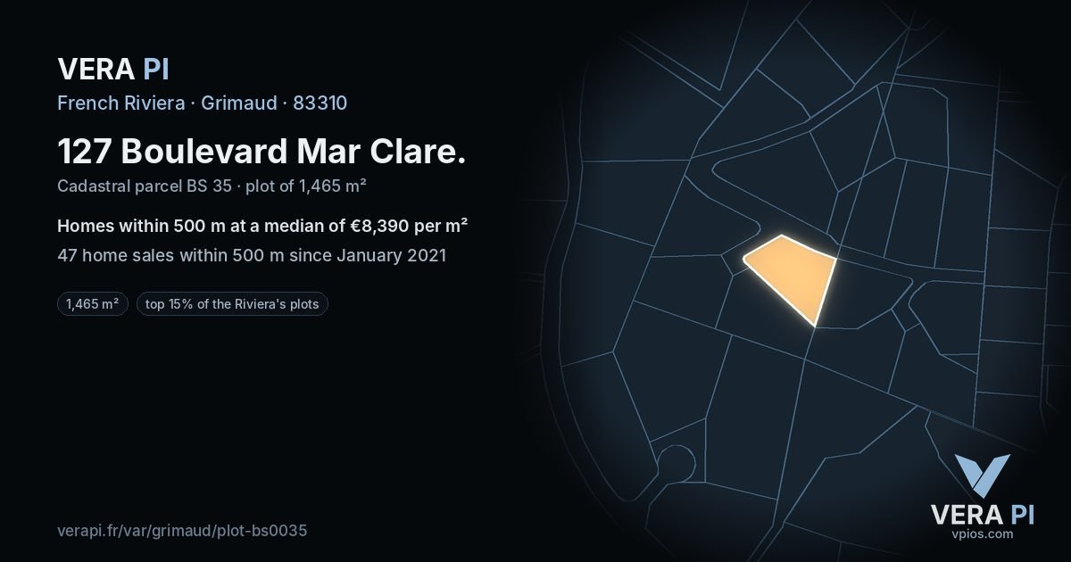 127 Boulevard Mar Clare, Grimaud at night – the plot lit, the parcels around coloured by the prices near them