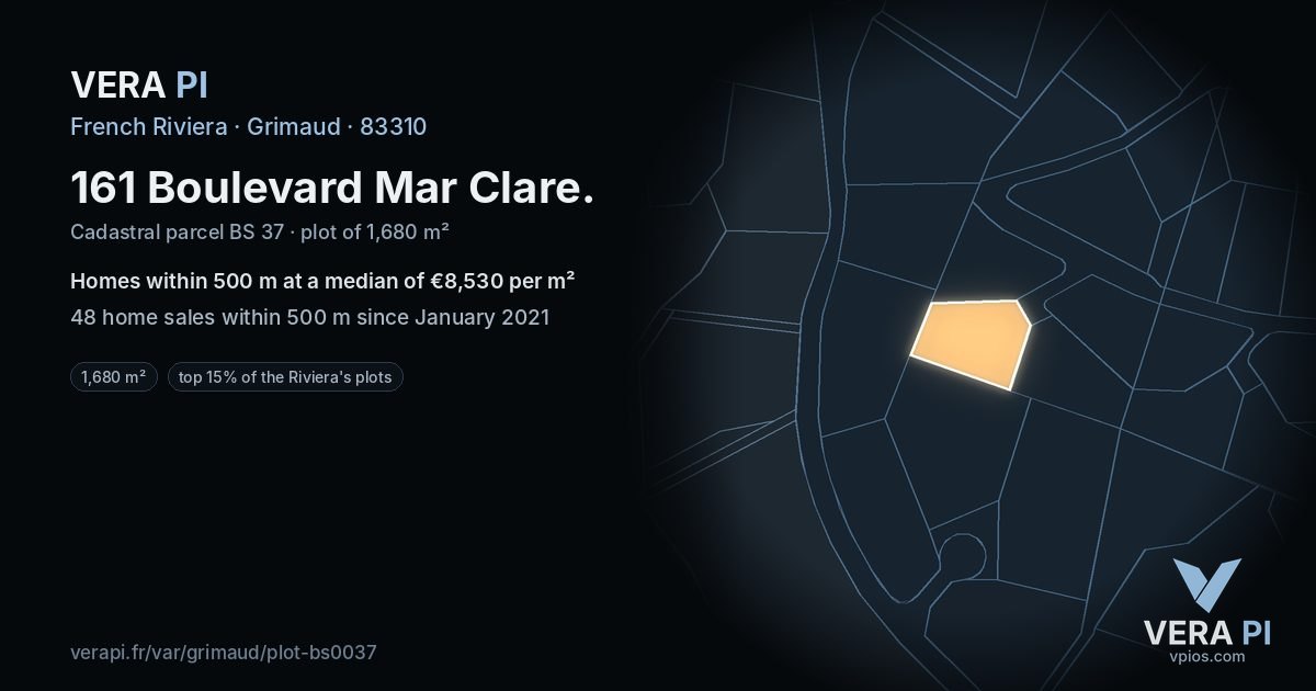 161 Boulevard Mar Clare, Grimaud at night – the plot lit, the parcels around coloured by the prices near them