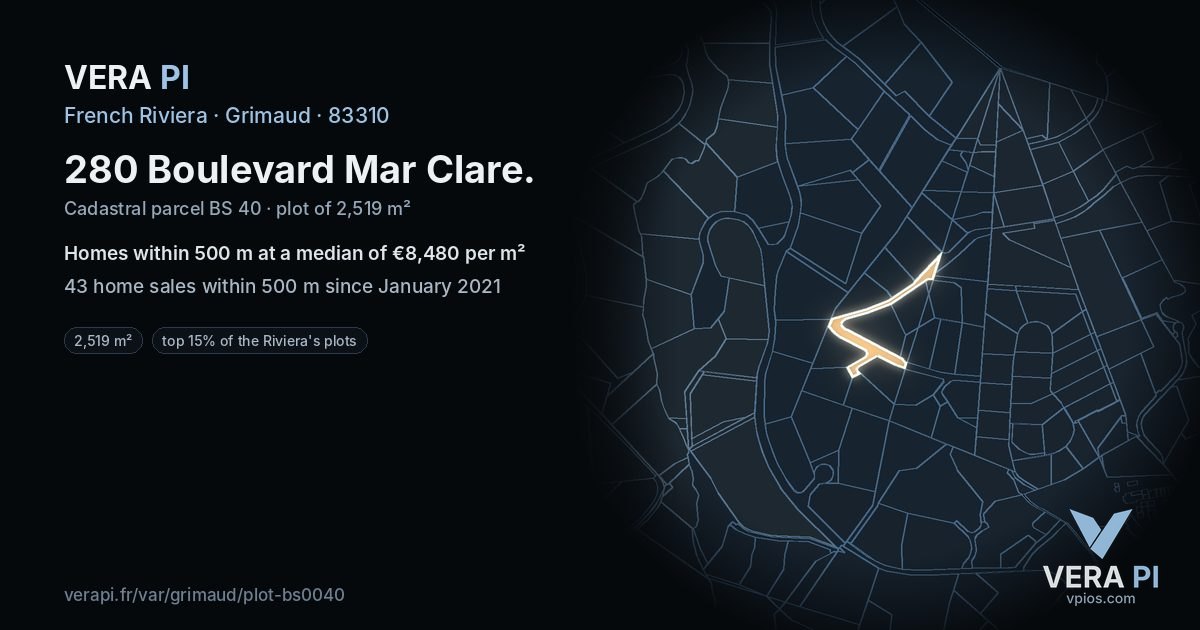 280 Boulevard Mar Clare, Grimaud at night – the plot lit, the parcels around coloured by the prices near them