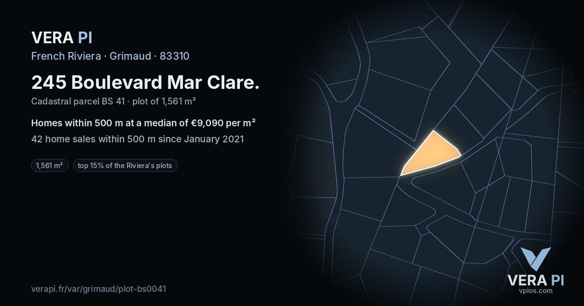 245 Boulevard Mar Clare, Grimaud at night – the plot lit, the parcels around coloured by the prices near them
