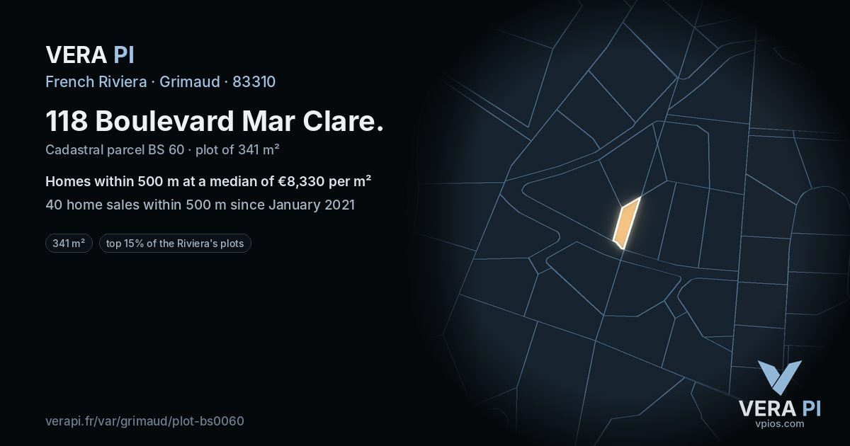 118 Boulevard Mar Clare, Grimaud at night – the plot lit, the parcels around coloured by the prices near them