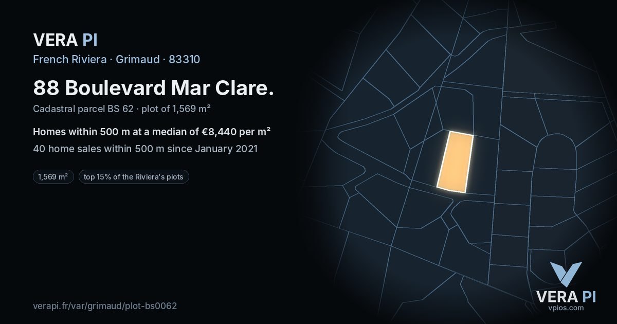 88 Boulevard Mar Clare, Grimaud at night – the plot lit, the parcels around coloured by the prices near them