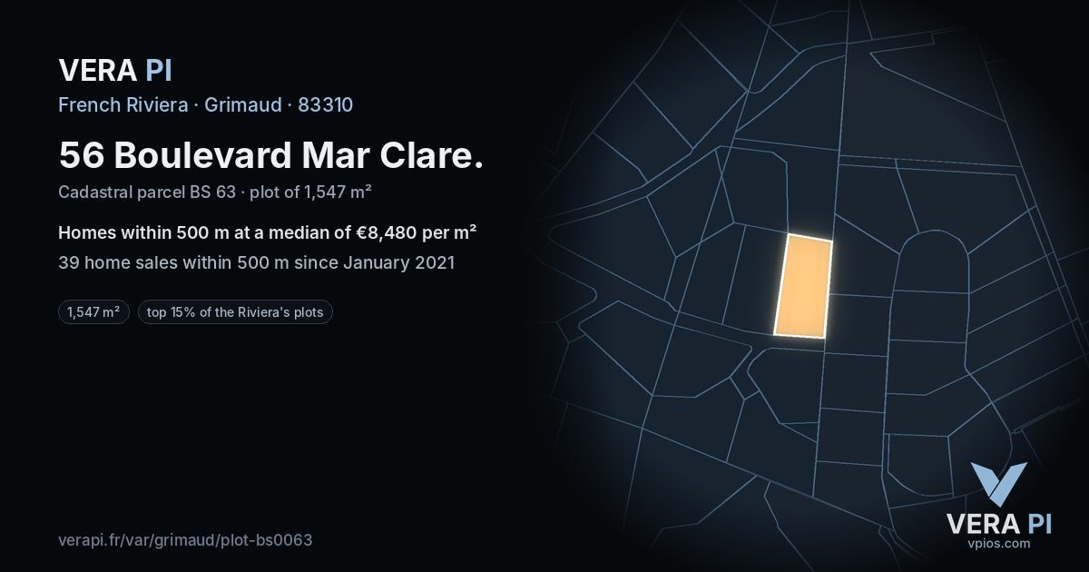 56 Boulevard Mar Clare, Grimaud at night – the plot lit, the parcels around coloured by the prices near them