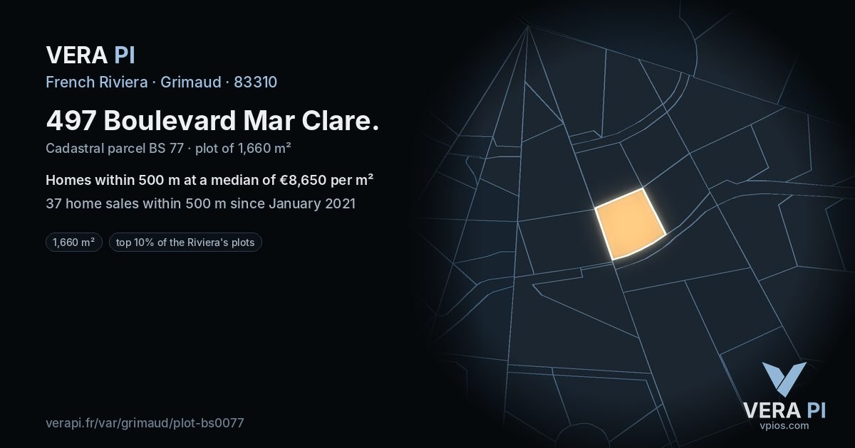 497 Boulevard Mar Clare, Grimaud at night – the plot lit, the parcels around coloured by the prices near them