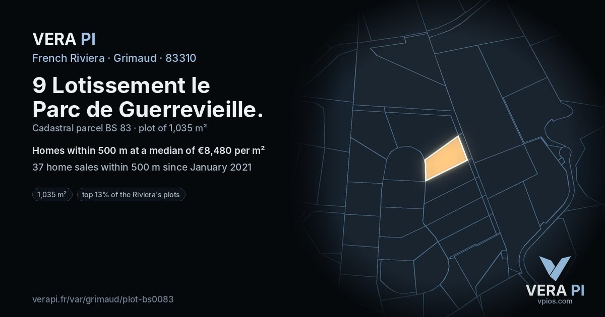 9 Lotissement le Parc de Guerrevieille, Grimaud at night – the plot lit, the parcels around coloured by the prices near them
