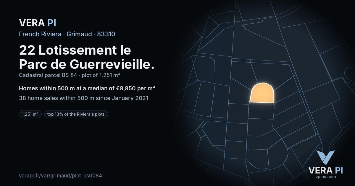 22 Lotissement le Parc de Guerrevieille, Grimaud at night – the plot lit, the parcels around coloured by the prices near them