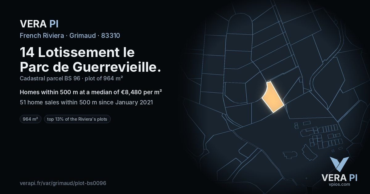 14 Lotissement le Parc de Guerrevieille, Grimaud at night – the plot lit, the parcels around coloured by the prices near them
