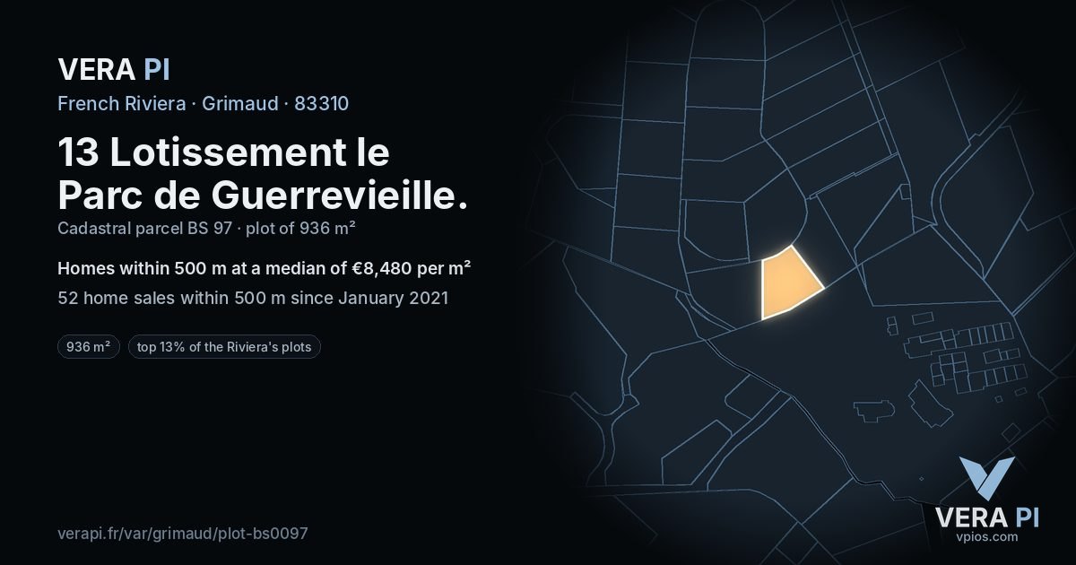 13 Lotissement le Parc de Guerrevieille, Grimaud at night – the plot lit, the parcels around coloured by the prices near them