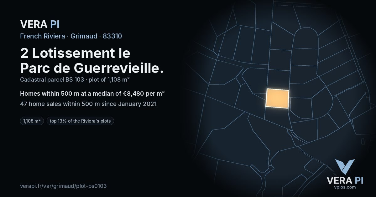 2 Lotissement le Parc de Guerrevieille, Grimaud at night – the plot lit, the parcels around coloured by the prices near them
