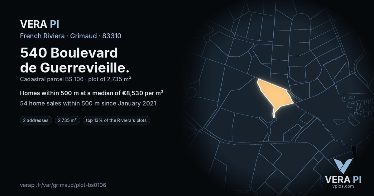 540 Boulevard de Guerrevieille, Grimaud at night – the plot lit, the parcels around coloured by the prices near them