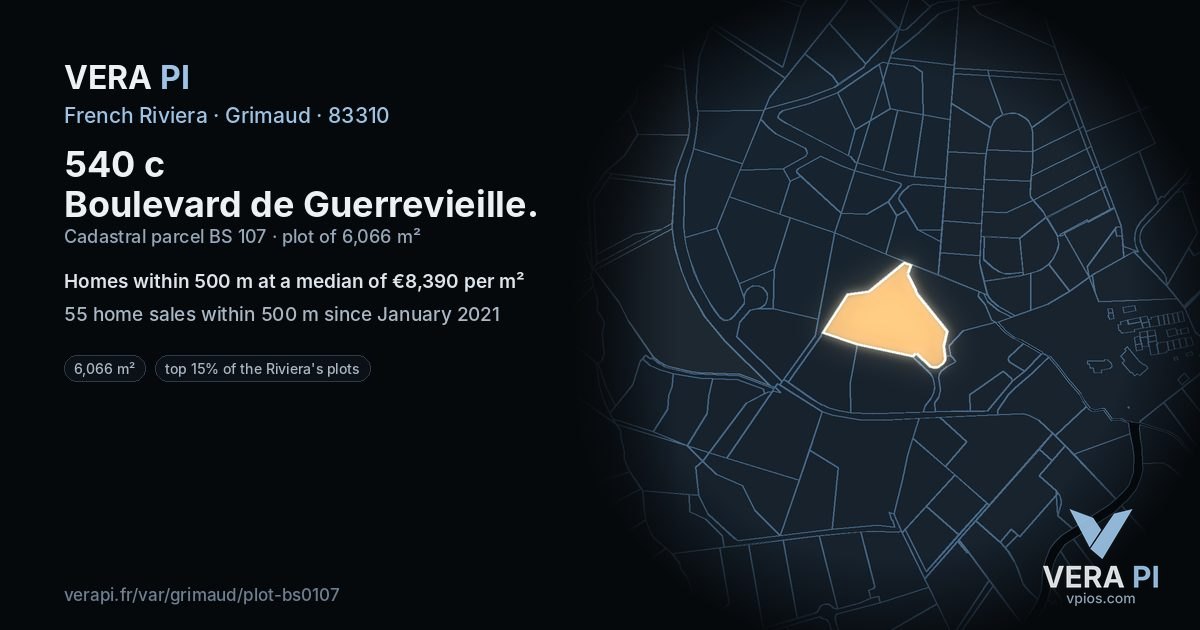 540 c Boulevard de Guerrevieille, Grimaud at night – the plot lit, the parcels around coloured by the prices near them