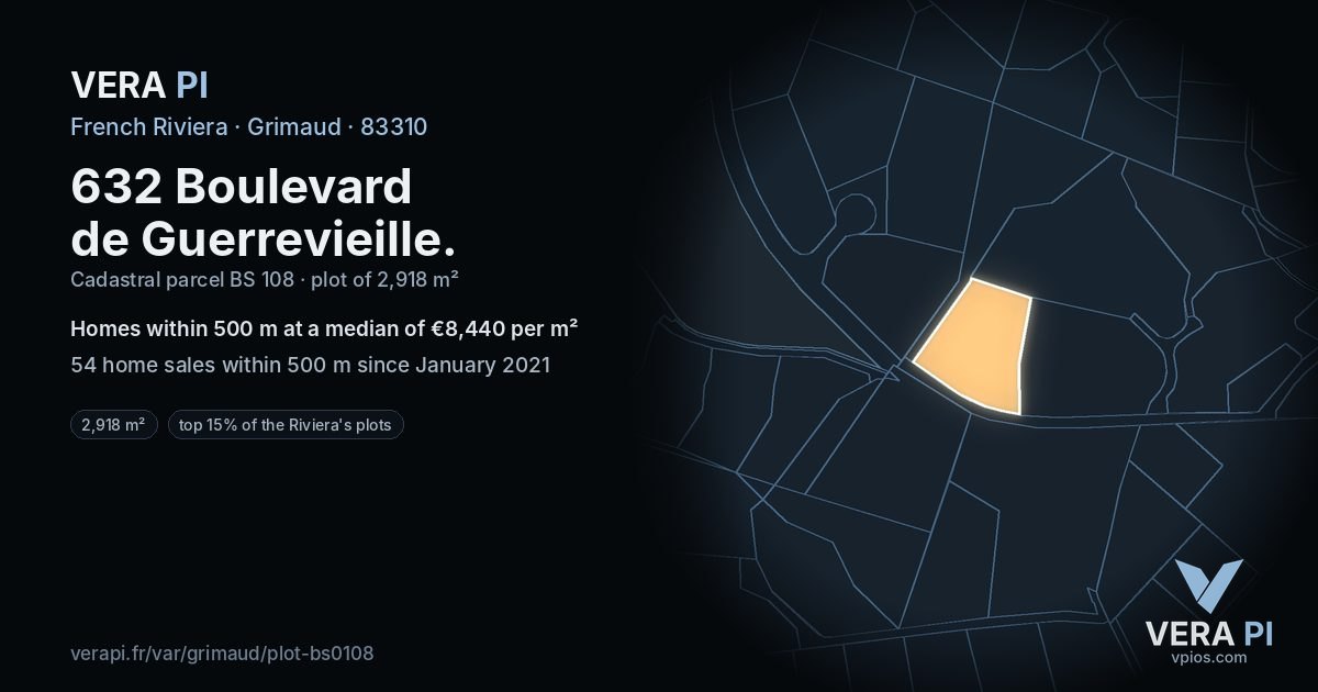 632 Boulevard de Guerrevieille, Grimaud at night – the plot lit, the parcels around coloured by the prices near them