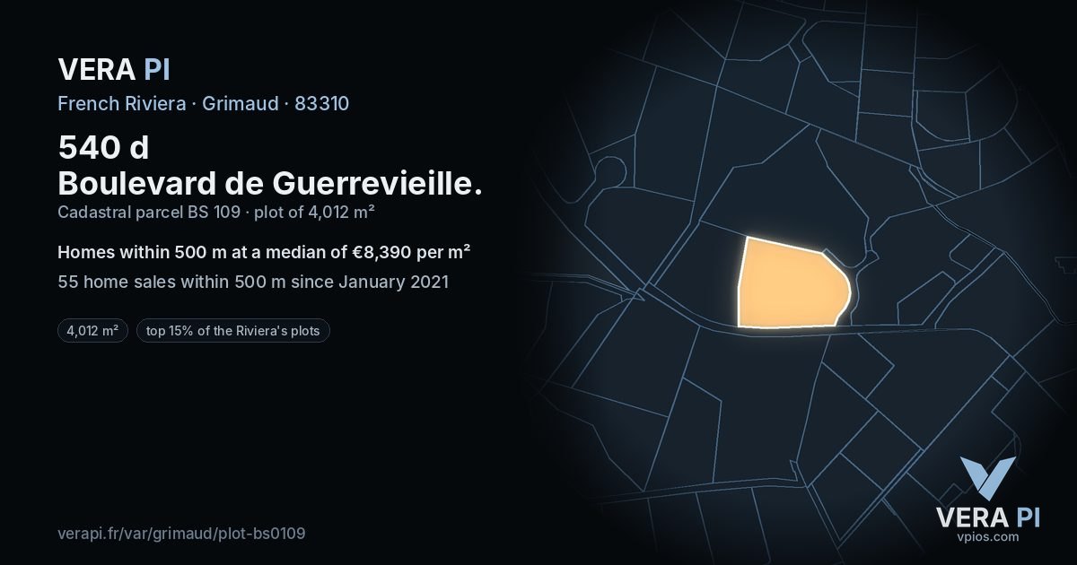 540 d Boulevard de Guerrevieille, Grimaud at night – the plot lit, the parcels around coloured by the prices near them
