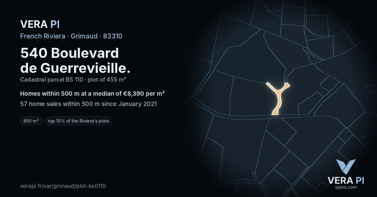 540 Boulevard de Guerrevieille, Grimaud at night – the plot lit, the parcels around coloured by the prices near them