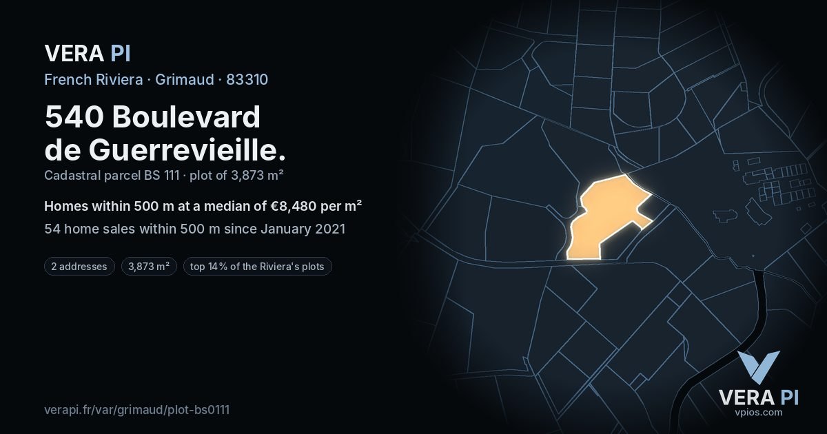 540 Boulevard de Guerrevieille, Grimaud at night – the plot lit, the parcels around coloured by the prices near them