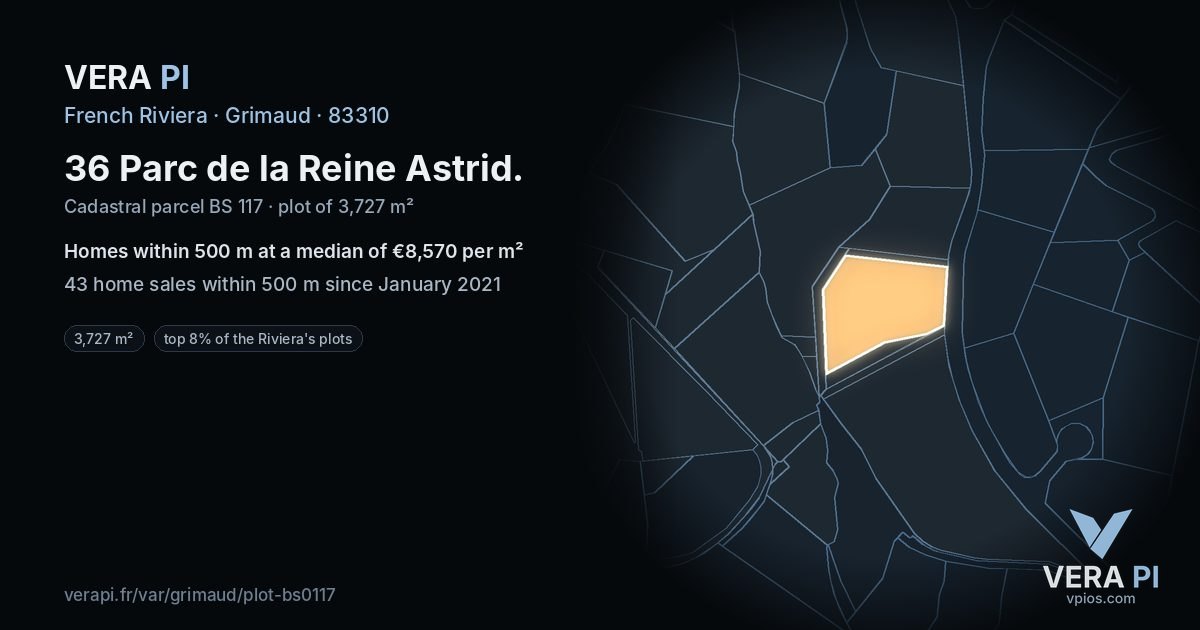 36 Parc de la Reine Astrid, Grimaud at night – the plot lit, the parcels around coloured by the prices near them
