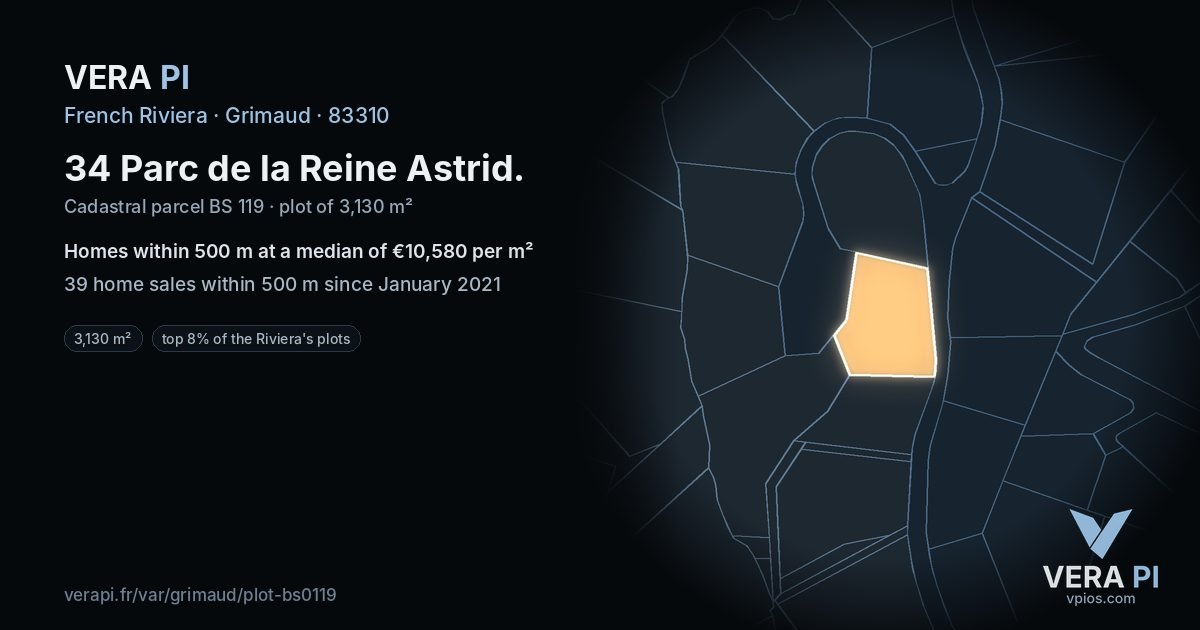 34 Parc de la Reine Astrid, Grimaud at night – the plot lit, the parcels around coloured by the prices near them