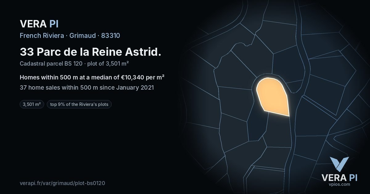 33 Parc de la Reine Astrid, Grimaud at night – the plot lit, the parcels around coloured by the prices near them