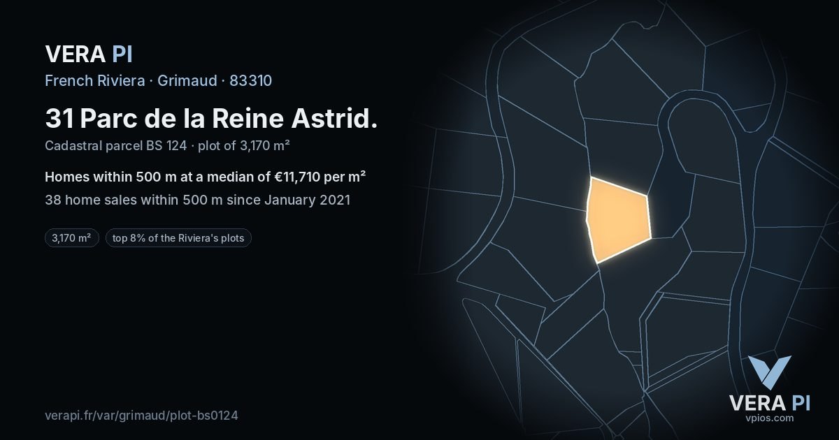 31 Parc de la Reine Astrid, Grimaud at night – the plot lit, the parcels around coloured by the prices near them