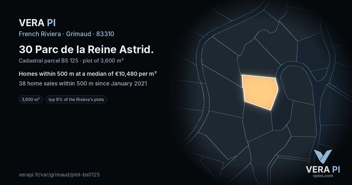 30 Parc de la Reine Astrid, Grimaud at night – the plot lit, the parcels around coloured by the prices near them