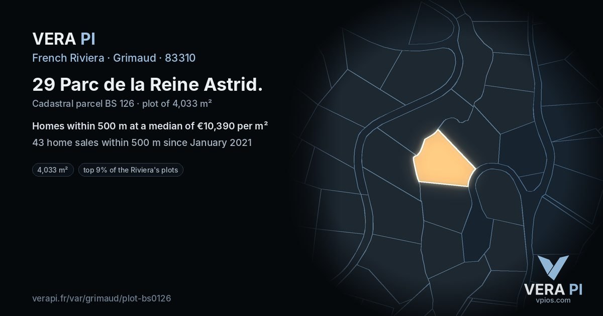 29 Parc de la Reine Astrid, Grimaud at night – the plot lit, the parcels around coloured by the prices near them