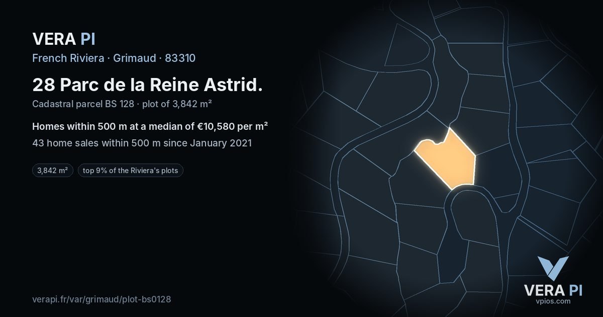 28 Parc de la Reine Astrid, Grimaud at night – the plot lit, the parcels around coloured by the prices near them