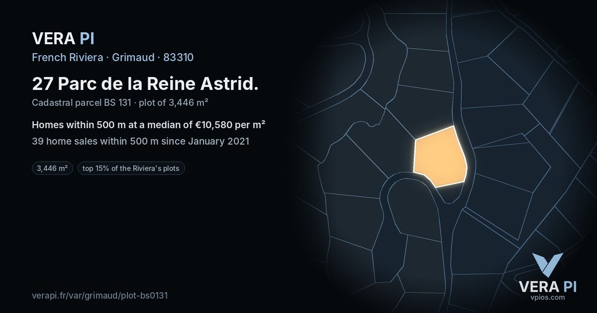 27 Parc de la Reine Astrid, Grimaud at night – the plot lit, the parcels around coloured by the prices near them