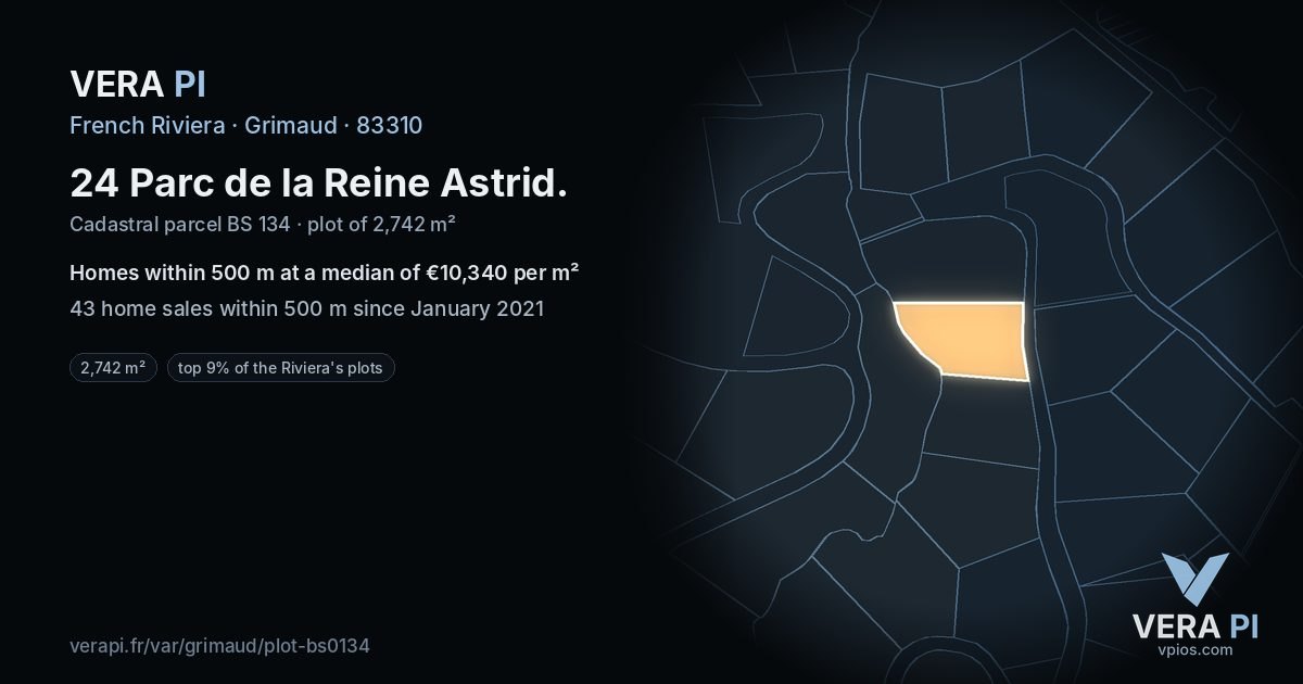 24 Parc de la Reine Astrid, Grimaud at night – the plot lit, the parcels around coloured by the prices near them
