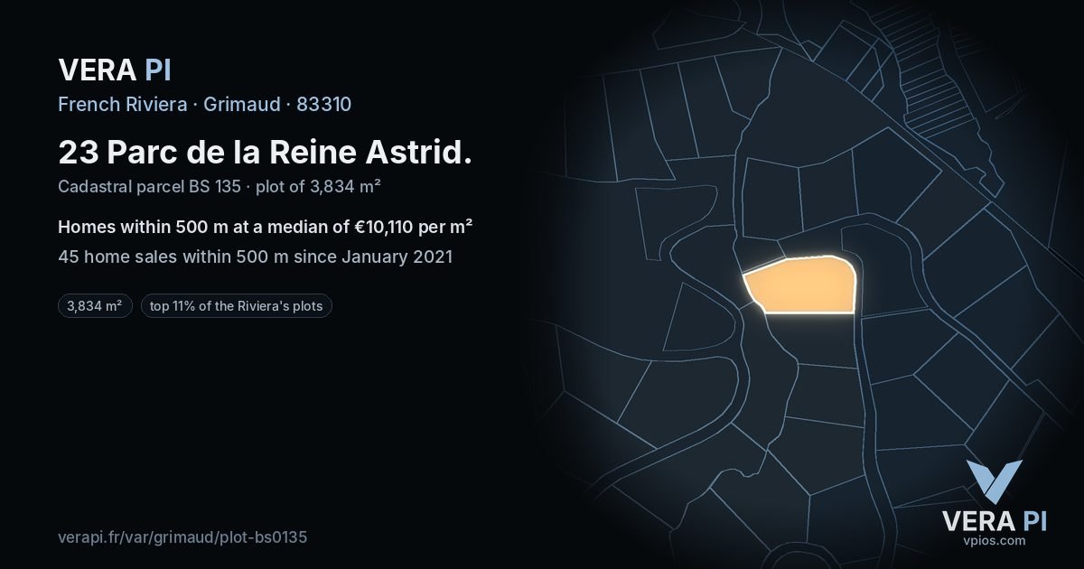 23 Parc de la Reine Astrid, Grimaud at night – the plot lit, the parcels around coloured by the prices near them