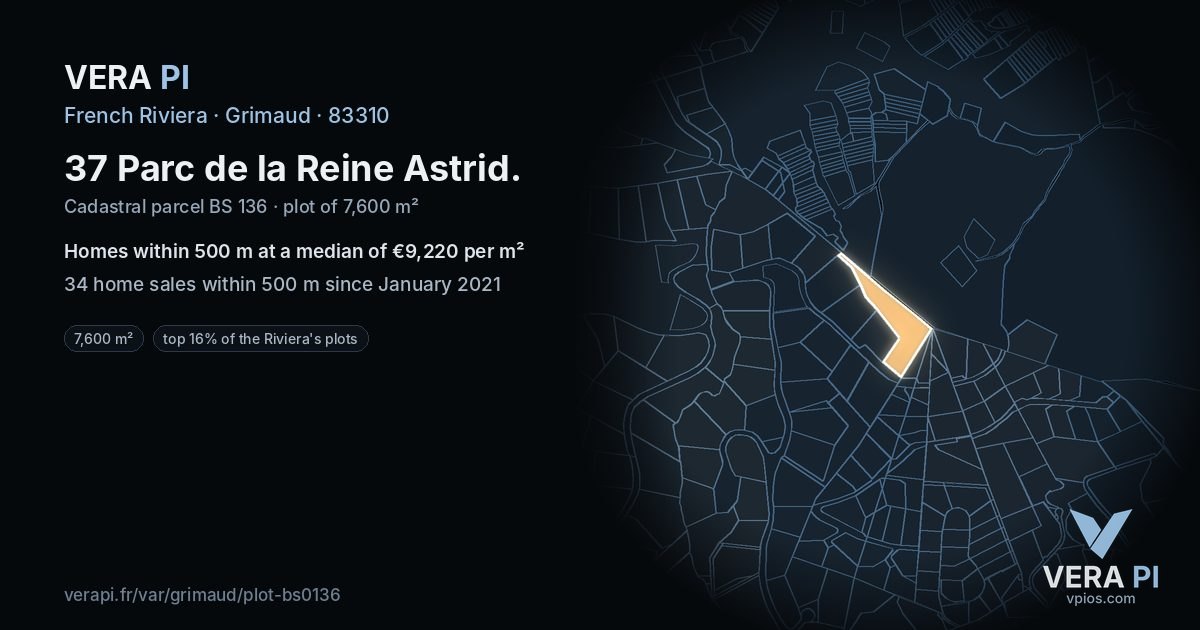 37 Parc de la Reine Astrid, Grimaud at night – the plot lit, the parcels around coloured by the prices near them