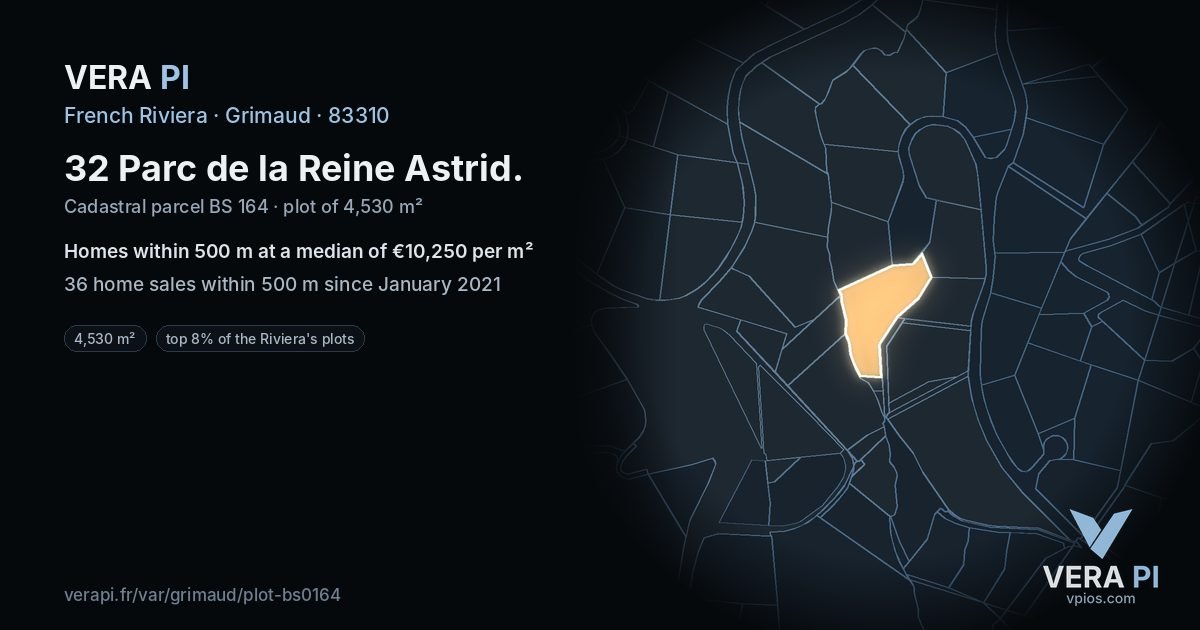 32 Parc de la Reine Astrid, Grimaud at night – the plot lit, the parcels around coloured by the prices near them
