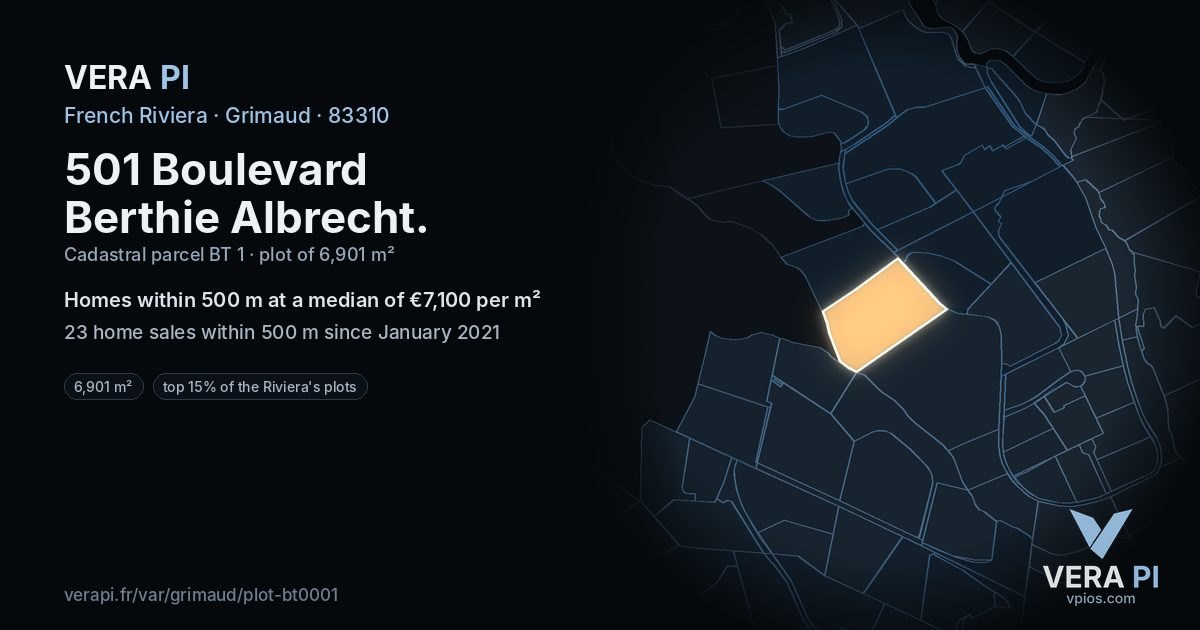 501 Boulevard Berthie Albrecht, Grimaud at night – the plot lit, the parcels around coloured by the prices near them