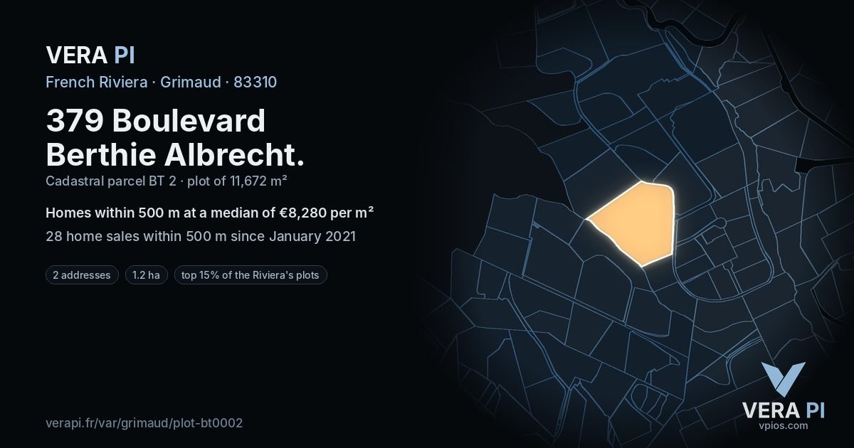 379 Boulevard Berthie Albrecht, Grimaud at night – the plot lit, the parcels around coloured by the prices near them