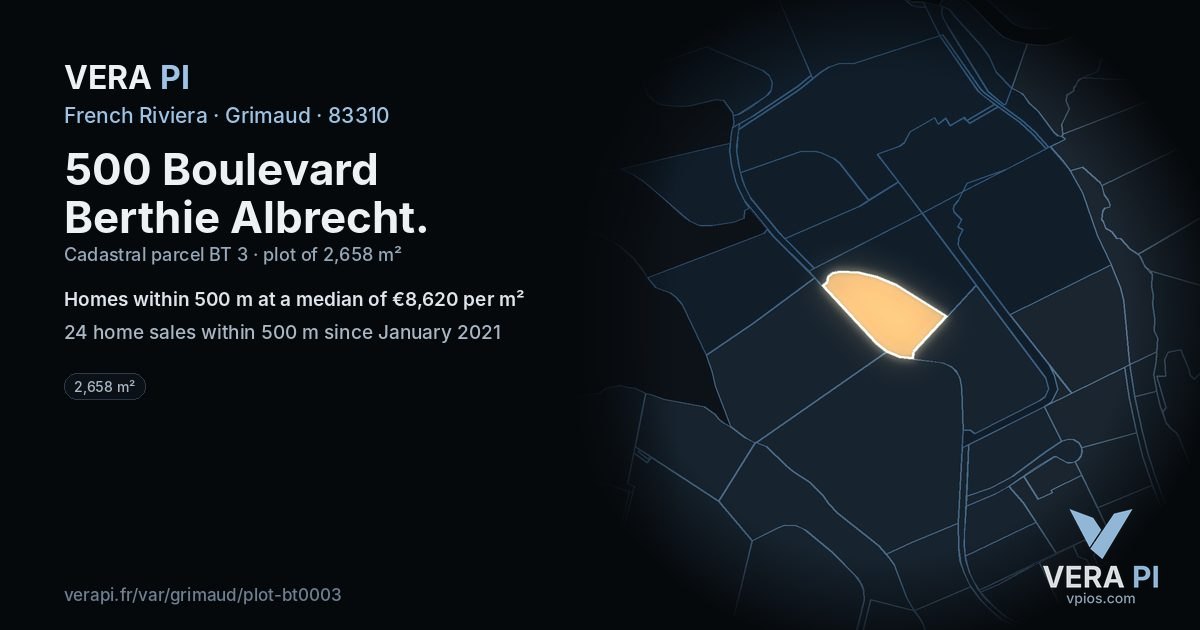 500 Boulevard Berthie Albrecht, Grimaud at night – the plot lit, the parcels around coloured by the prices near them