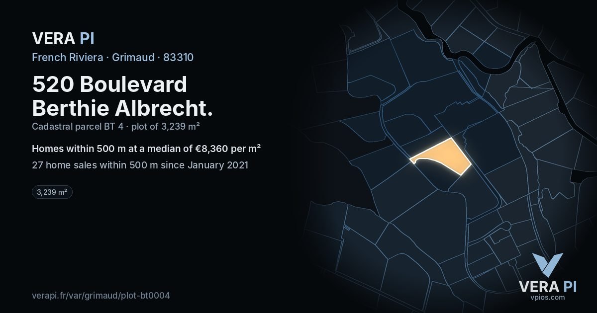 520 Boulevard Berthie Albrecht, Grimaud at night – the plot lit, the parcels around coloured by the prices near them